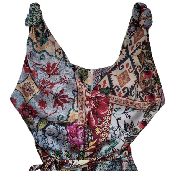 ZARA Paparazzi Patchwork Floral Geometric Belted Multicolor Jumpsuit Size S - Picture 9 of 12